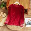 Women's Embroidered Velvet Blouse  Autumn Winter Crew Neck Long-sleeve Velvet T-shirt Solid Color Pullover