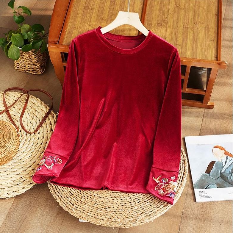 Women's Embroidered Velvet Blouse  Autumn Winter Crew Neck Long-sleeve Velvet T-shirt Solid Color Pullover