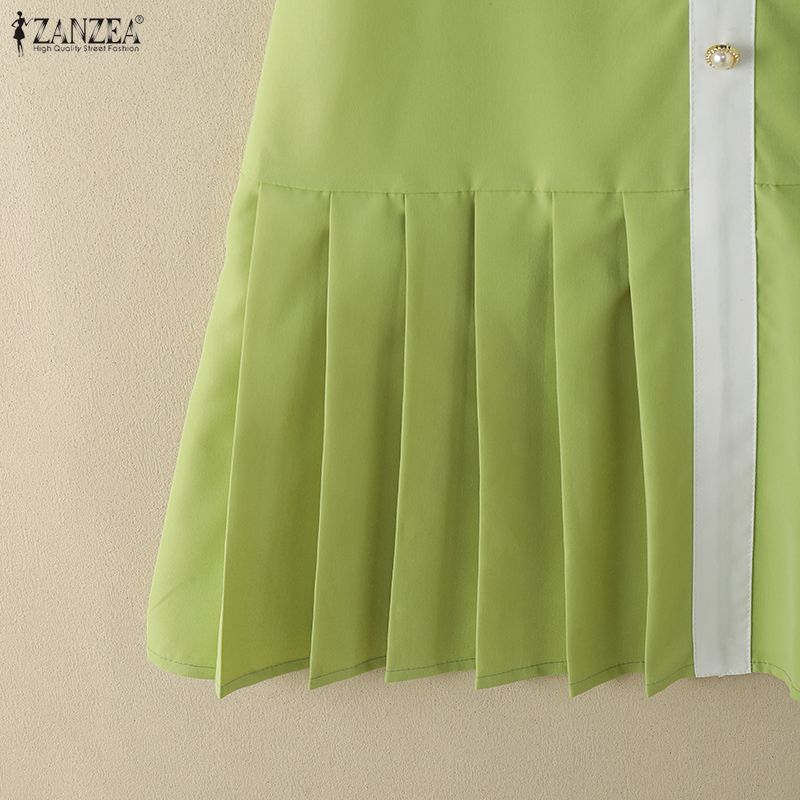 ZANZEA Women Casual Round Neck Short Sleeve Elegant Pleated Dress