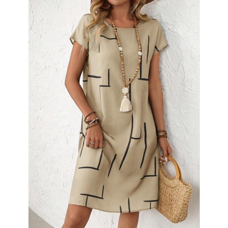 Women's Summer Casual Allover Simple Print O Neck Short Sleeve Dress Shirt Dresses For Women Y2k Ladies Clothes Woman Clothing