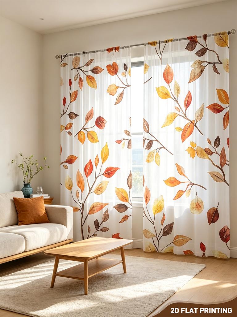 2PCS Digital Print Sheer Curtain, Watercolor Autumn Leaf, Artistic Fall Seasonal - Voile Drapes for Bedroom Living Room Decor