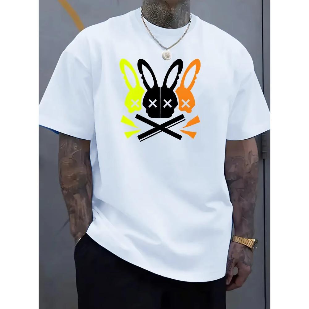 Men's 100% cotton summer loose fit large Rabbit Skull Graphic printed slim fit casual sports round neck short sleeved T-shirt