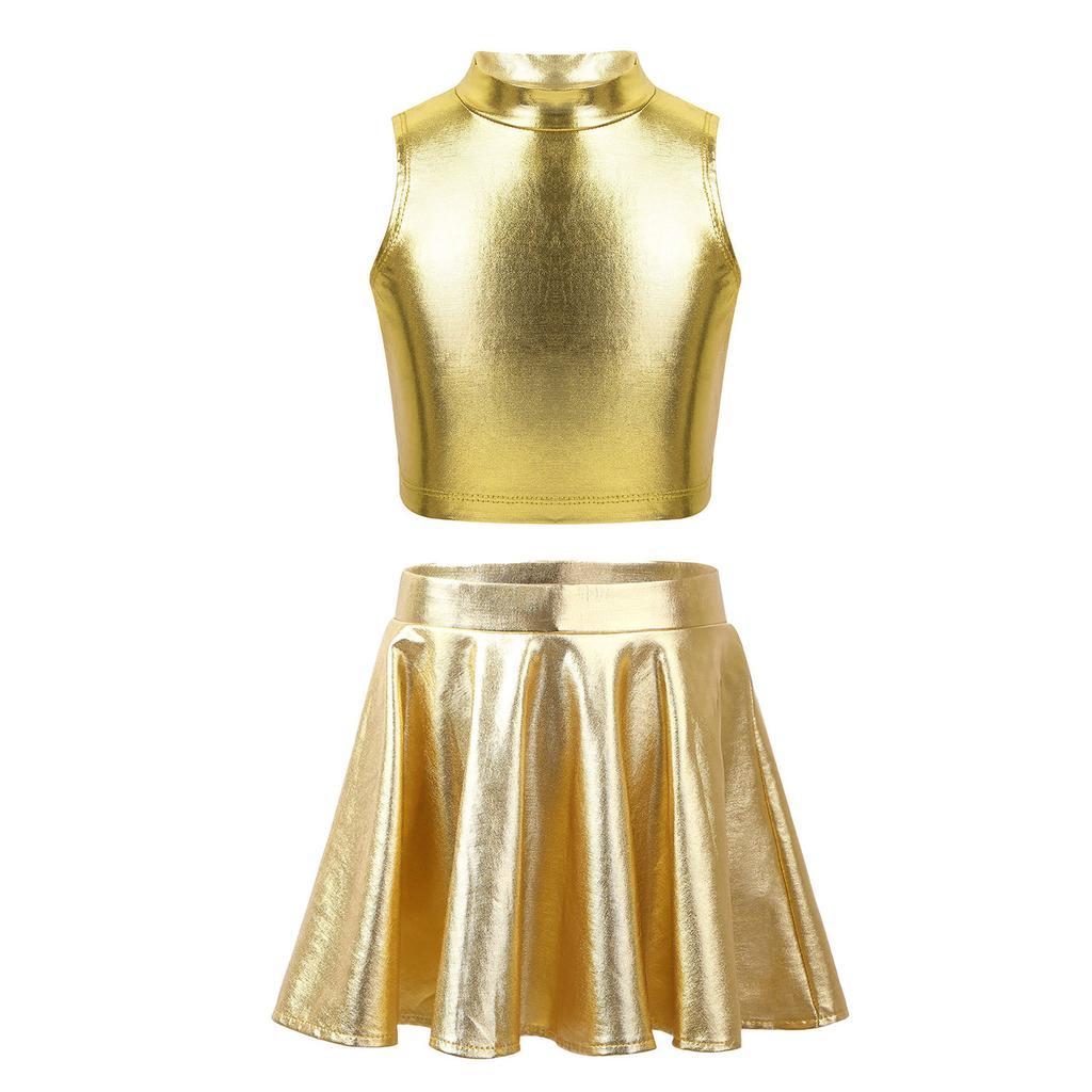 Girls Metallic Sleeveless Turtleneck Top Flared Pleated A-Line Mini Skort Skirt Casual Outfit
