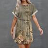 Womens Summer Short Dresses O Neck Casual Batwing-Short Sleeve Belted Dress For Women