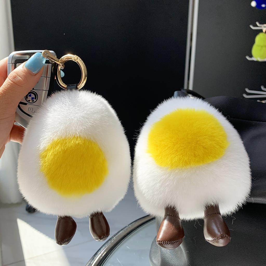 Plush Egg Doll Rex Rabbit Real Fur Ball Keychain Cute Toy Genuine Ornaments Women Handbag Pendant Car Key Metal Rings Trinkets