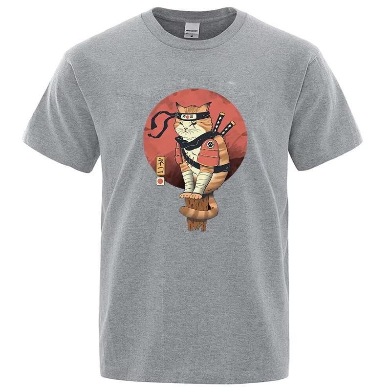 Japanese Samurai Ninja Cat Graphic Tshirt Vintage Anime Style Print Unisex Casual Short Sleeve Streetwear Novelty Tee