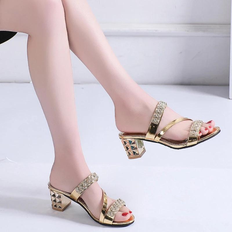 Luxury Designer Shoes New Women's Sandals Heeled Sandals Female High Heels Rhinestones Luxury Party Shoes Slip on Women Slippers