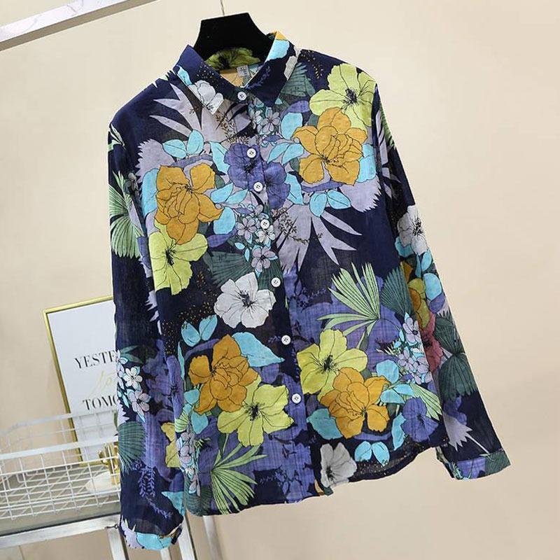 Blue Floral Print Vintage Polo-Neck Single Breasted Long Sleeve Women's Blouse Shirt Casual Female Clothing Tops Fashion 2024