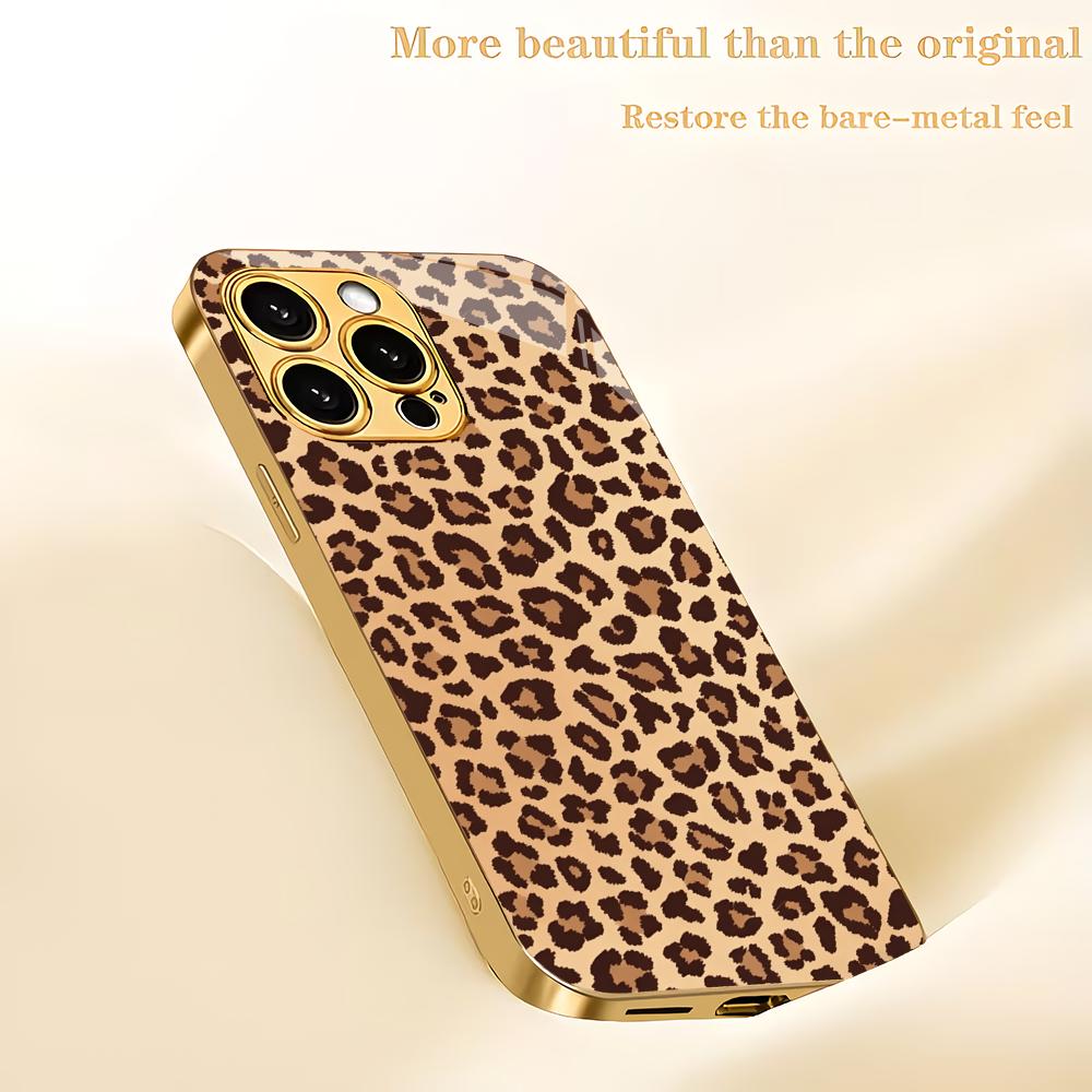 Goldfarbene Leopardenmuster-Metallic-Lackierung Glas-Handyhülle geeignet für iPhone 17 16 15 14 13 12 11 Pro Max Plus stoßfeste Rückseite
