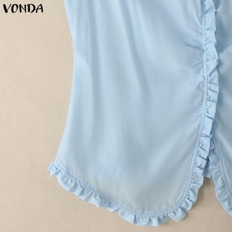 VONDA Summer Women Casual V-Neck Short Sleeve Ruffled Hem Slim T-shirts Tops
