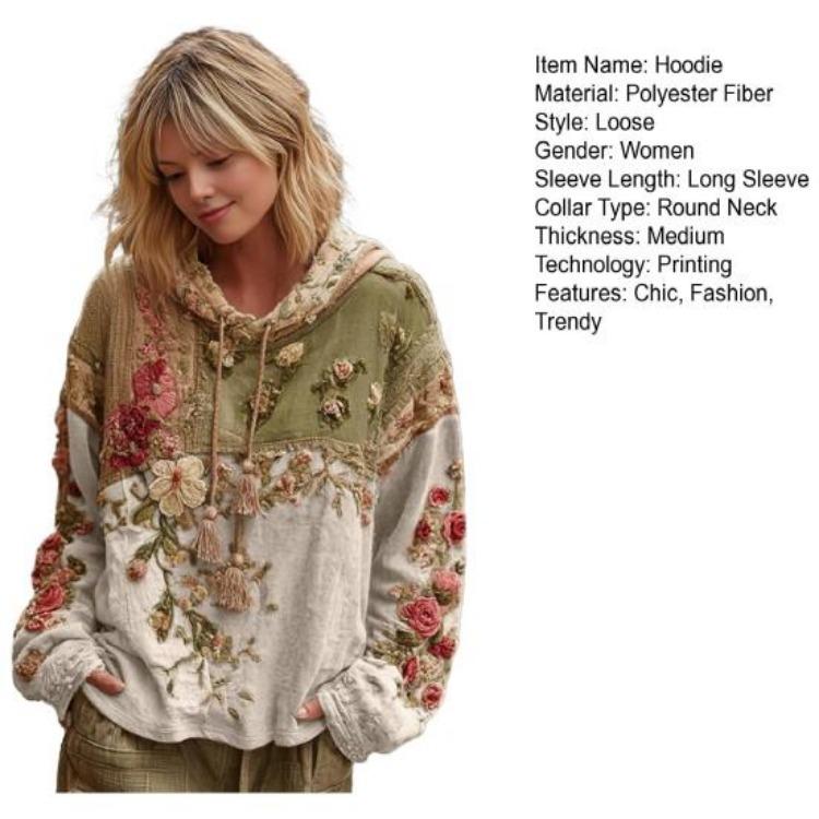 Vintage Bohemian Floral Hoodie Women's Oversized Sweatshirt Casual Long Sleeve Pullover with Pocket Art Print Hooded Tops