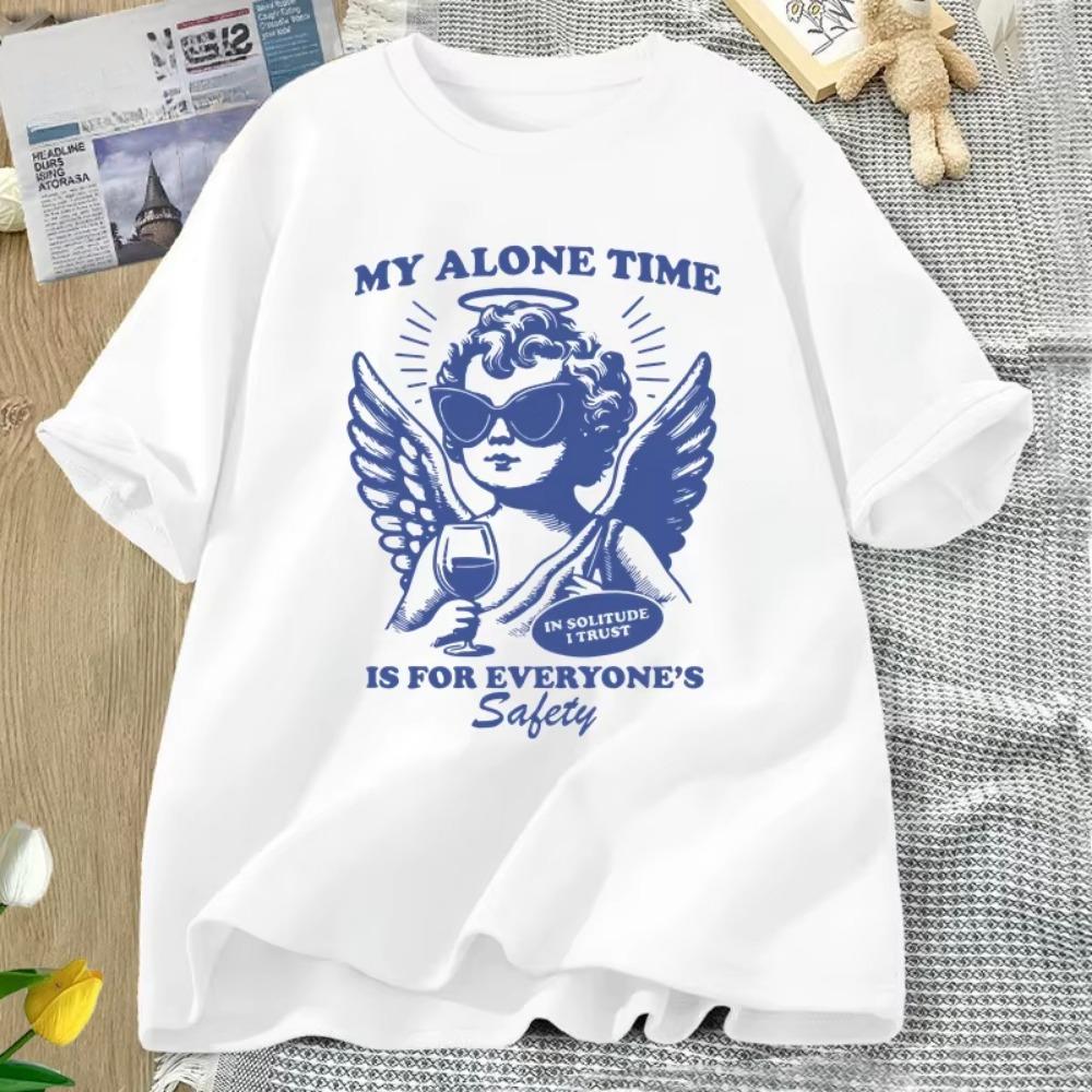 Retro Fashion Women s T-shirt Safety T-shirt Fun Pattern Pure Cotton T-shirt Neutral Style S
