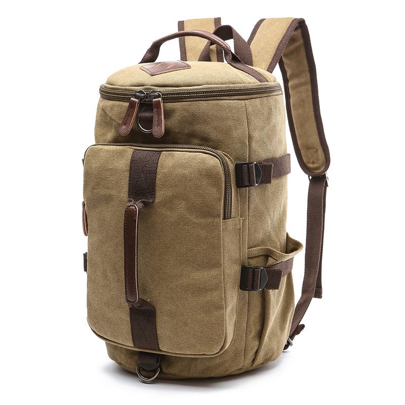 Men's Canvas Backpack Vertical Square Travel Canvas Bag Outdoor Large-capacity Cylinder Student School Bags