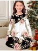Girls' Autumn and Winter Fashion Dress, 3D Flower Print  Round Neck Long Children's T-shirt Dress, Casual Versatile, Christmas Clothing