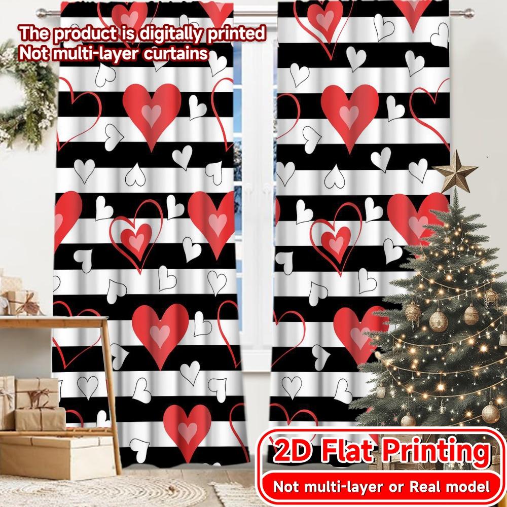 

Set Of 2 Minimalist Flat Printing Heart Stripes Chic Curtains Prints Home Decor Perfect Bedroom Curtain With Semi Sheer Polyester For Sleeping Area W100*H70(CM)-Hooks&1PCS