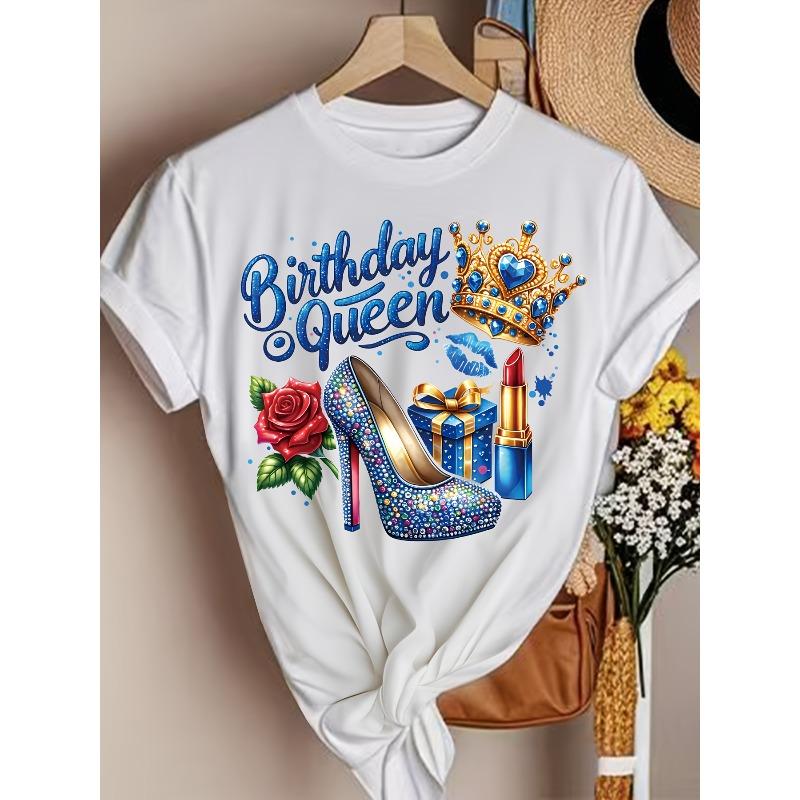

European Size Casual Short-Sleeve Round-Neck T-Shirt with a Queen S Birthday Print Design 4XL білий