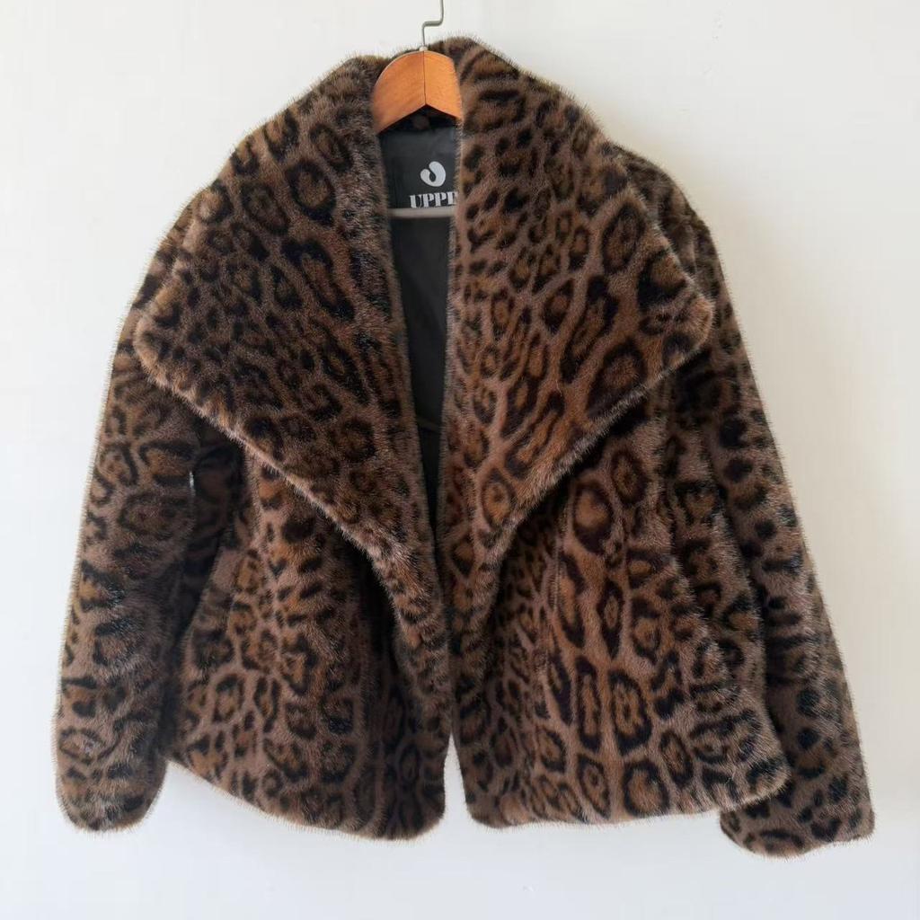 Vintage European and American style large lapel collar mink hair jacket female leopard print large lapel imitation fur coat casual < unk >