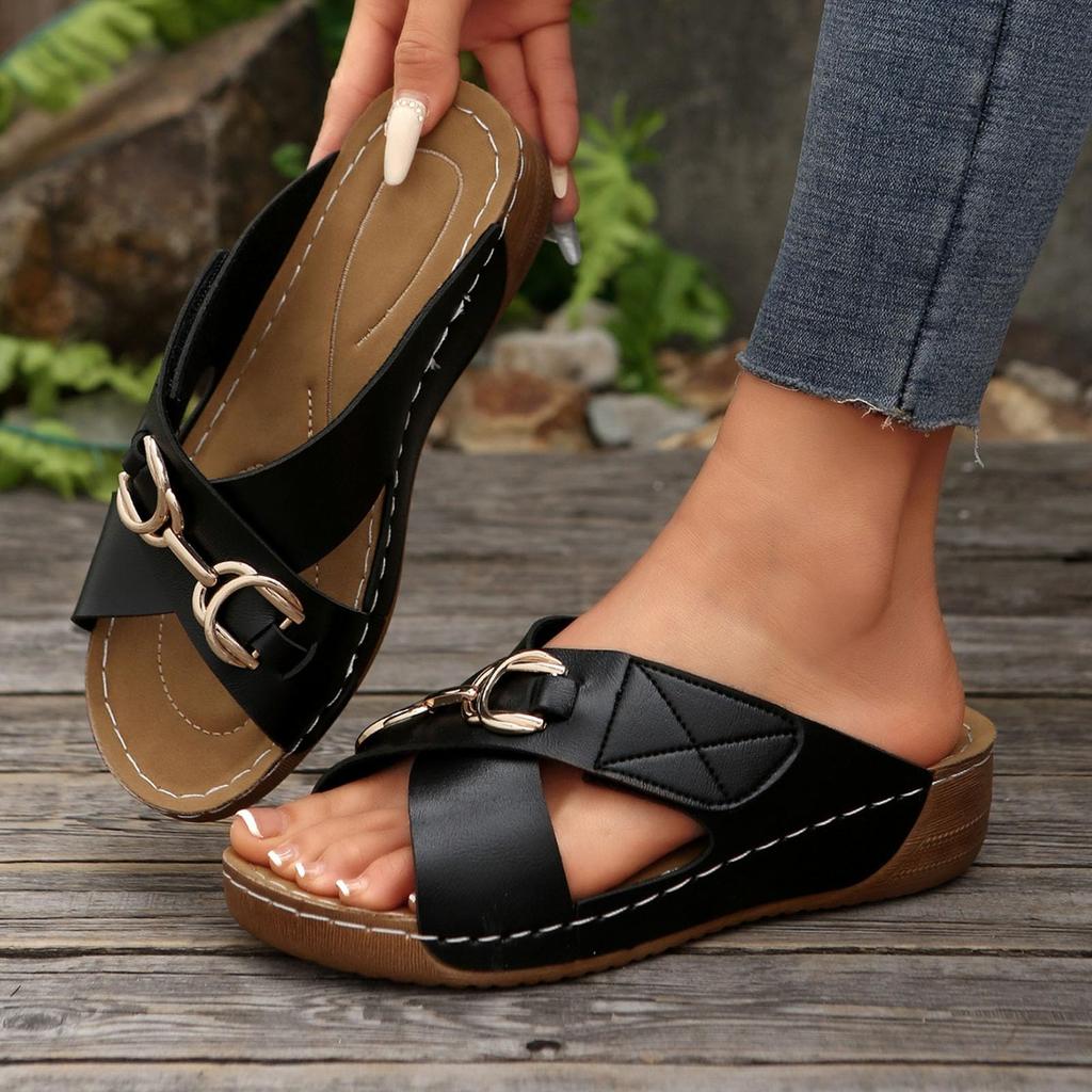 Women's Open Toe Slide Sandals Casual Slip On Buckle Strap Comfortable Footbed Lightweight Wedge Sole Summer Footwear