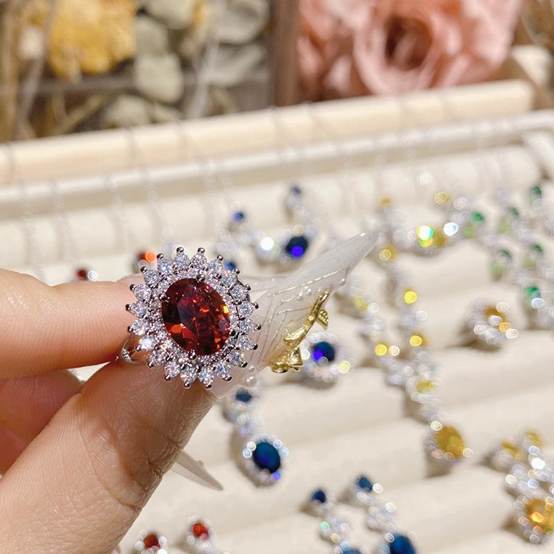 Camellia French Bright Simulation Ruby Bridal Set, 18K Full Diamond Plated Elegant And Noble Earrings Open Ring