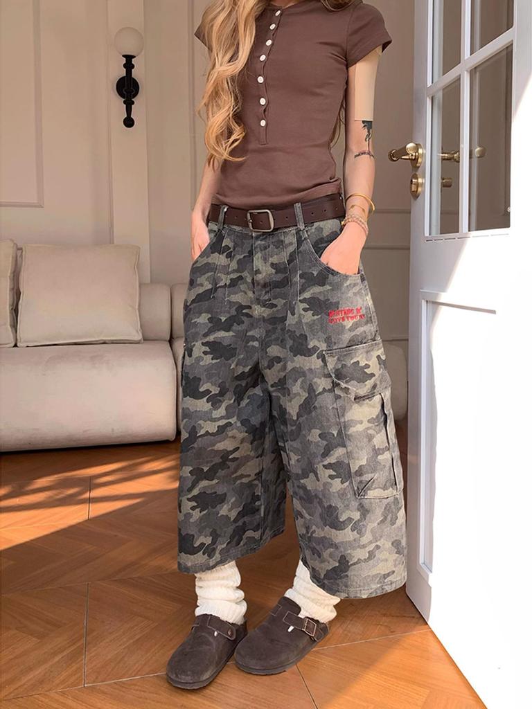 Damen Retro Camouflage Tasche Cargo Weite Beine Cropped Jeans - Schlankmachend, Bodenlang, Lockerer Sommer-Schnitt