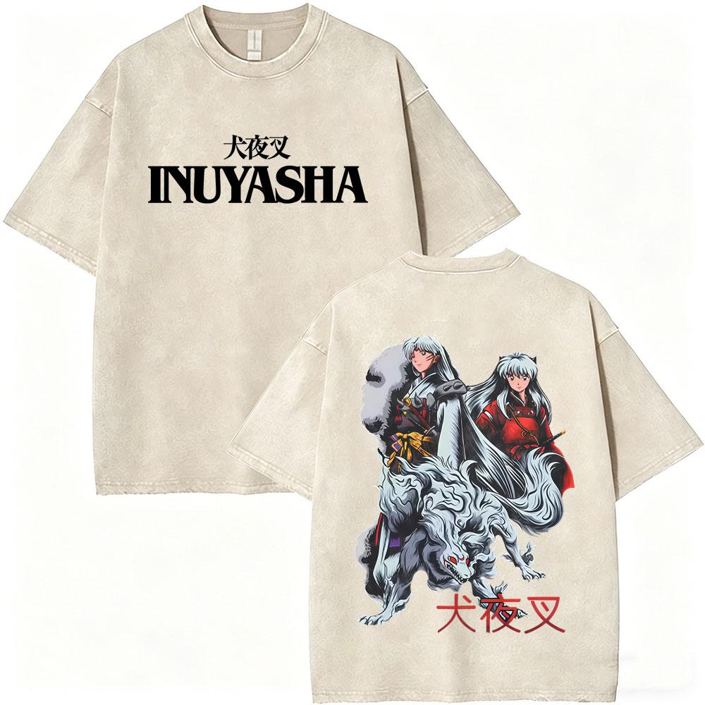 T-shirt Vintage Lavata Anime Inuyasha Sesshomaru Merch Uomo Donna Casual Oversize T-shirt Uomo Divertenti Cartoni Animati Harajuku T-shirt