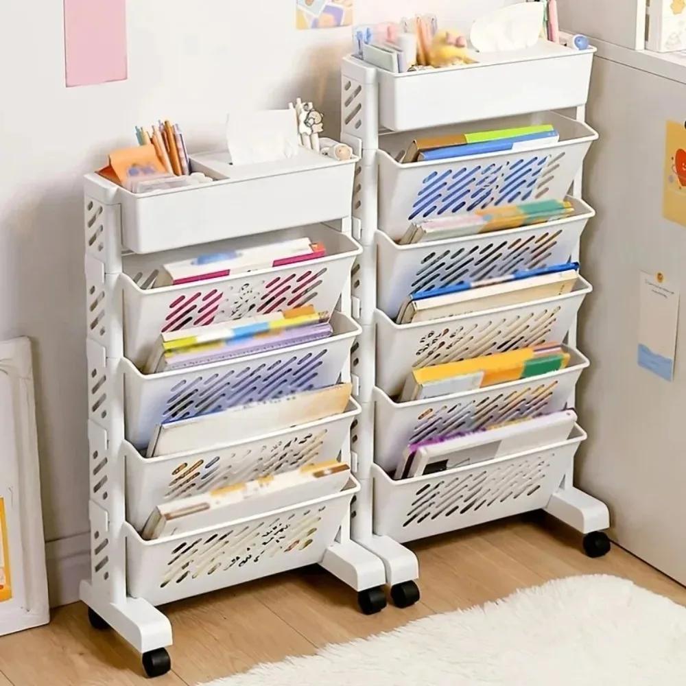Mobile Bookshelf with Wheels Multi-layer Storage Basket Large Capacity Rotatable Removable Practical Plastic Organizer Shelfs