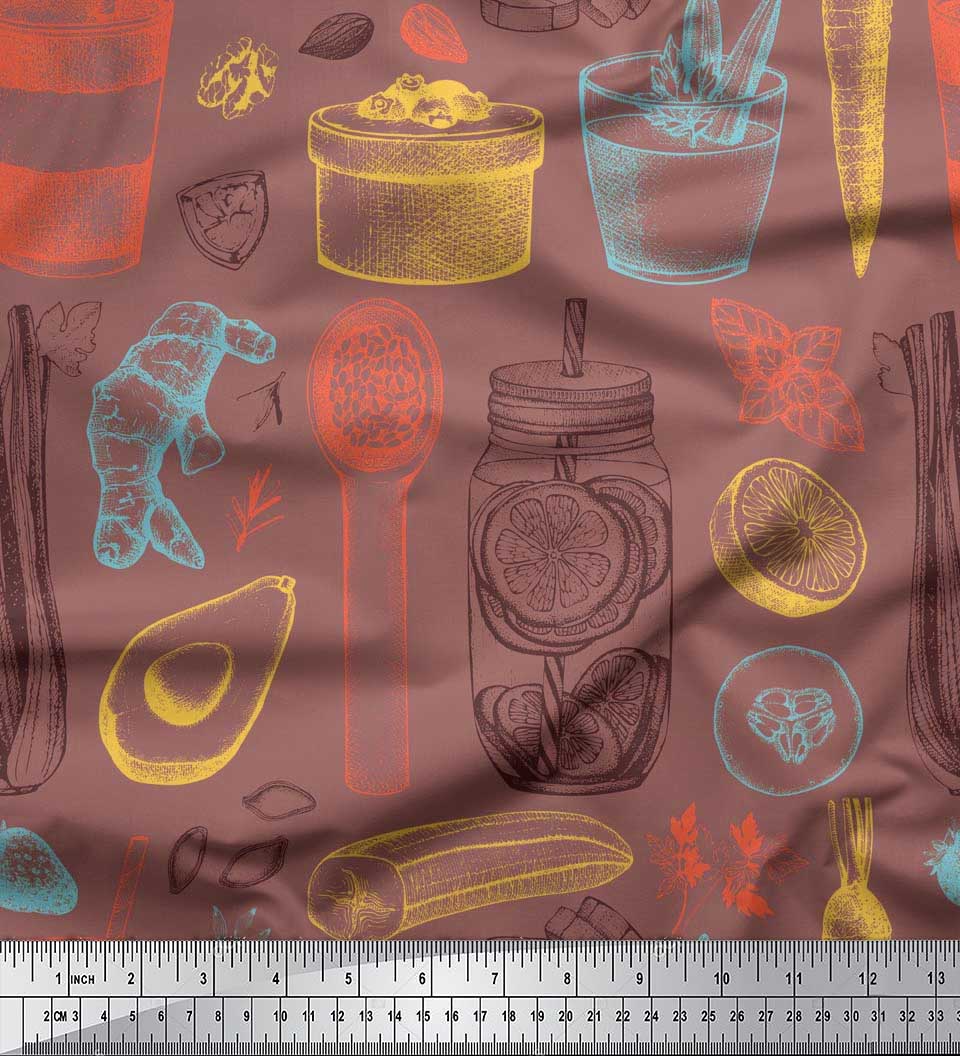 

Тканина для рукоділля Soimoi Japan Crepe Satin Овочі, банки та чашки з принтом на метри 42 дюйма 42 Inch Wide - Poly Crepe коричневий