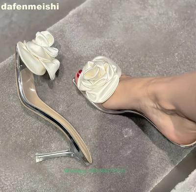 Fashion New Summer Sweet Style Women Sandals Square Toe Satin Rose Open Toe Elegant High Heels Clear Thin Heel Fashion Slip On Slippers