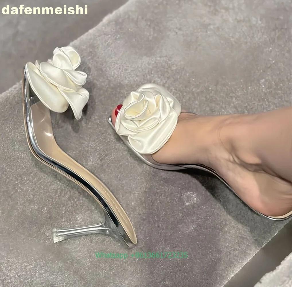 New Summer Sweet Style Women Sandals Square Toe Satin Rose Open Toe Elegant High Heels Clear Thin Heel Slip On Slippers