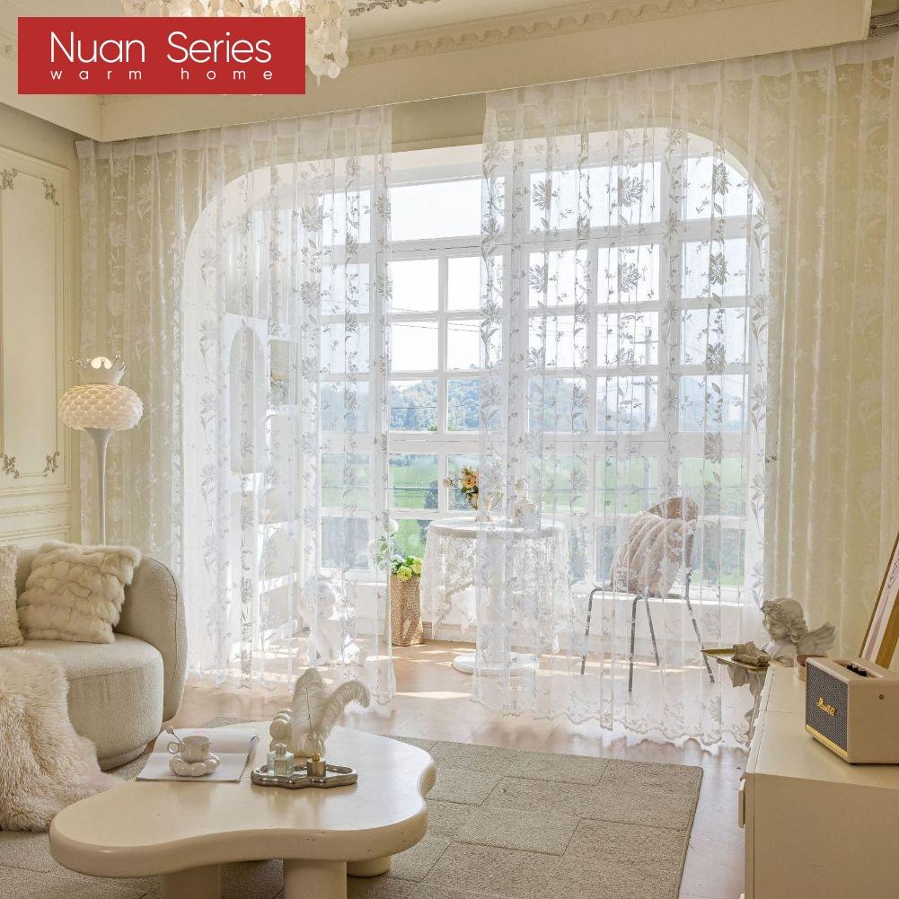 1PC Nuan Series Fresh Summer Style Floral Embroidered Sheer Curtain, Light‑Filtering Tulle for Living Room Bedroom Home Decor
