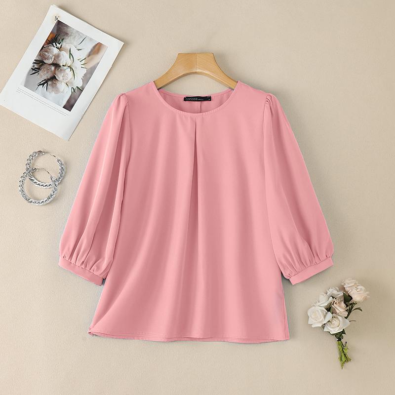 ZANZEA Blusa casual da donna a maniche 3/4 a tinta unita con scollo rotondo