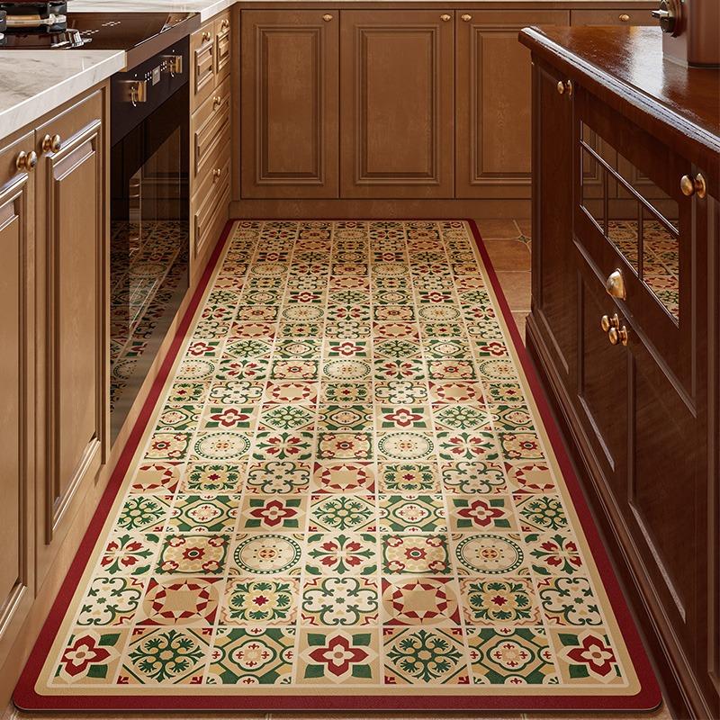 PVC Kitchen Carpet Waterproof Leather Floor Mat Large Non-slip Oil-resistant Carpets Brown Retro American Home Decoration Rug