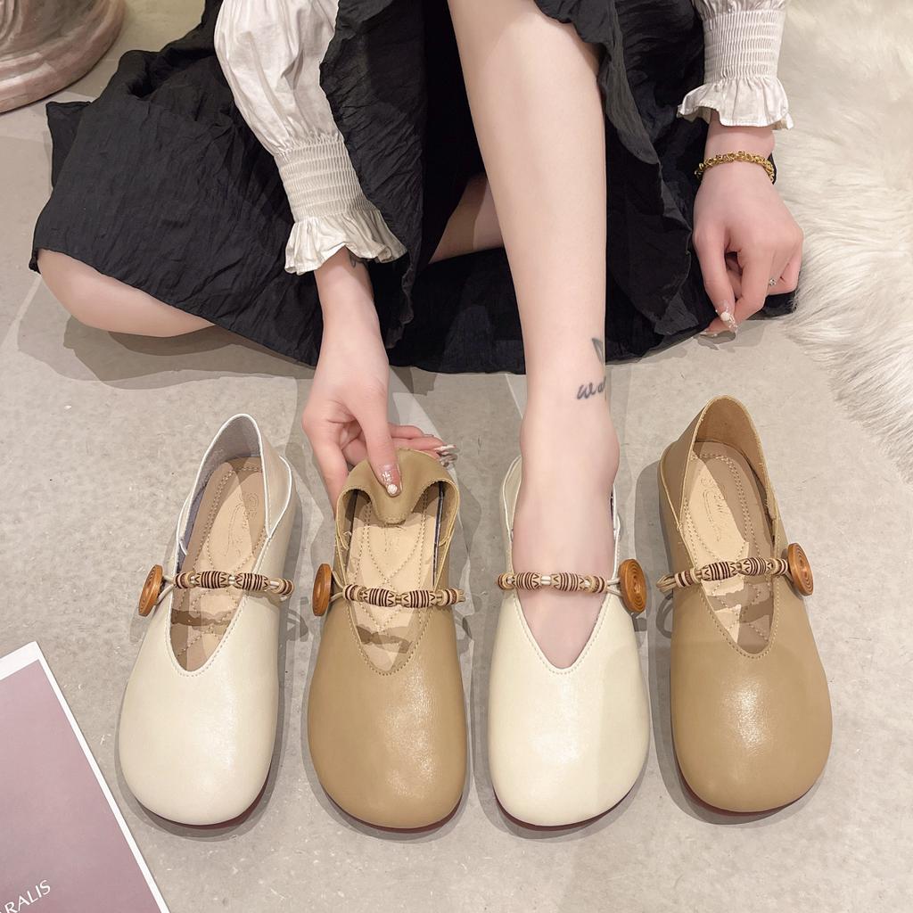 Single Shoes Women's Spring and Autumn Shallow Mouth Soft Sole One-word Buckle Round Head Grandma Shoes Retro Mary Jane Shoes