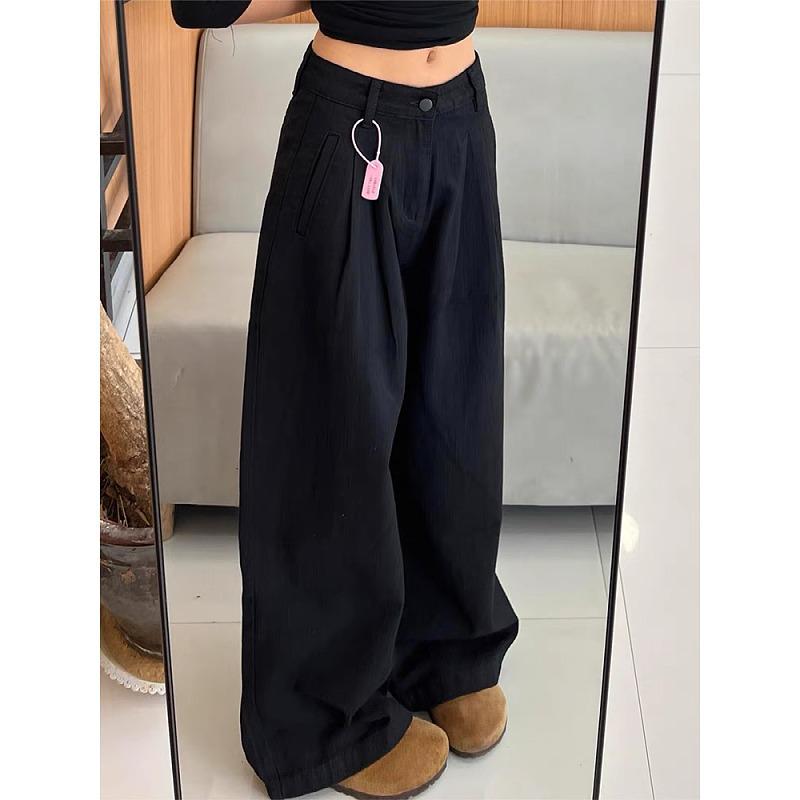 Women's Big American Style Black Wide-Leg Jeans, Autumn/Winter Pear Shape, Floor-Length, Loose Fit