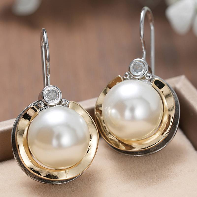 

Huitan Two Tone Women Drop Earrings Imitation Pearl Trendy Party Accessories Gentle Inlaid Bright CZ Zircon for Lady Wedding