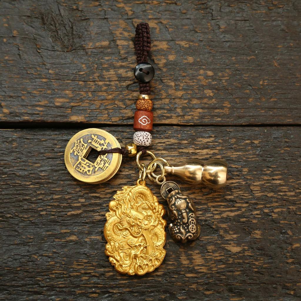 Dragon Brass Double-Sided Double-Dragon Tag Keychain Pendant Men'S And Women'S Bags Car Keys Pendants Accessories