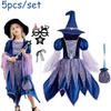 Halloween Party Costumes Witch Dress for Girls Kids Cosplay Carnival Witch Costume Pumpkin Dress Up With Bag Hat Wand Clothing