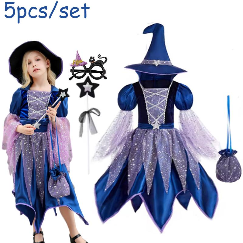 Halloween Party Costumes Witch Dress for Girls Kids Cosplay Carnival Witch Costume Pumpkin Dress Up With Bag Hat Wand Clothing
