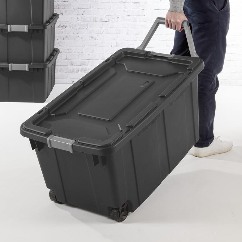 (2 Pack) Extra-Large Wheeled Industrial Storage Bin, 40 Gallon Durable Plastic Storage Tote with Latching Lid and Pull Handle, D