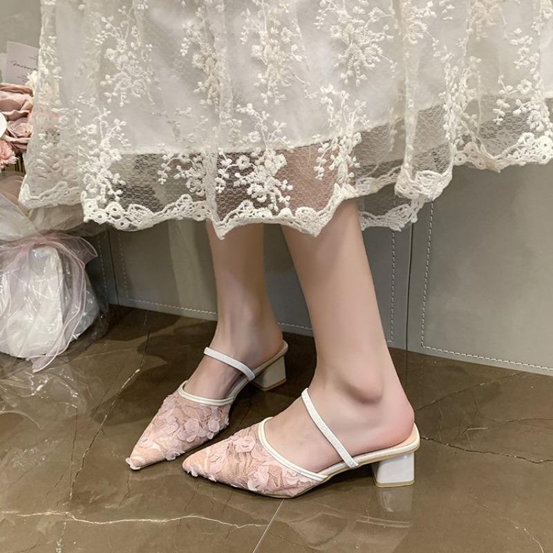 Plus Size Women's New Mesh Slip-on Wrapped-Head Sandals Two-Wear Pointed Toe Thick High-Heeled Slippers