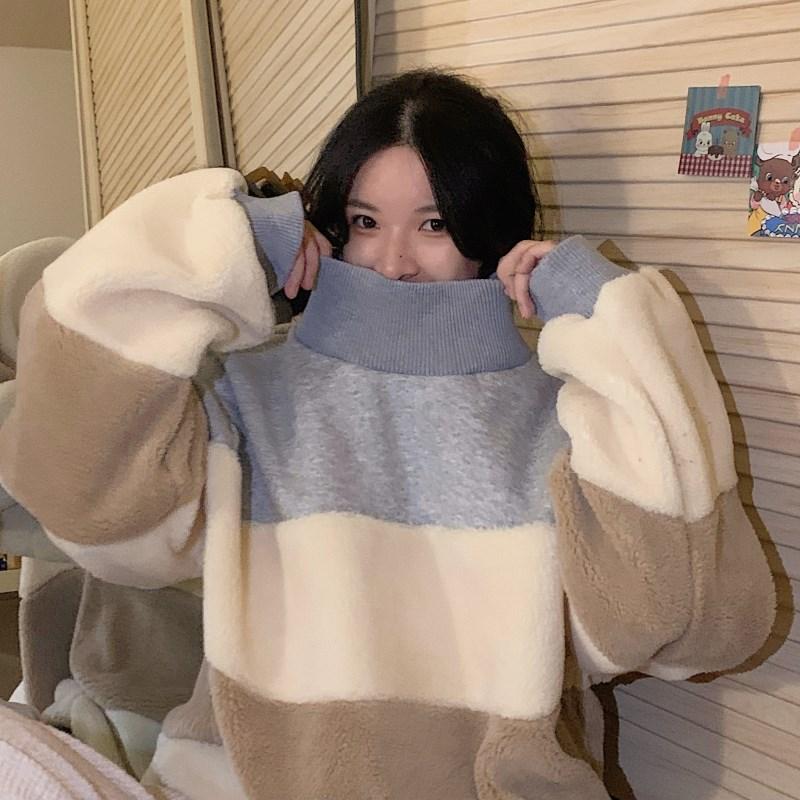 

Зимняя новая корейская версия Bf Wind Loose большого размера Lazy Wind Lamb Cashmere Color Match Color Half High Voite Hoodie Women XL абрикосовый