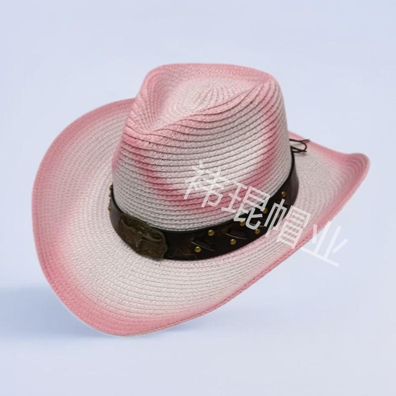 New cow head decorative belt, western denim straw hat, men's and women's outdoor sunscreen hat, European and American fashion hat