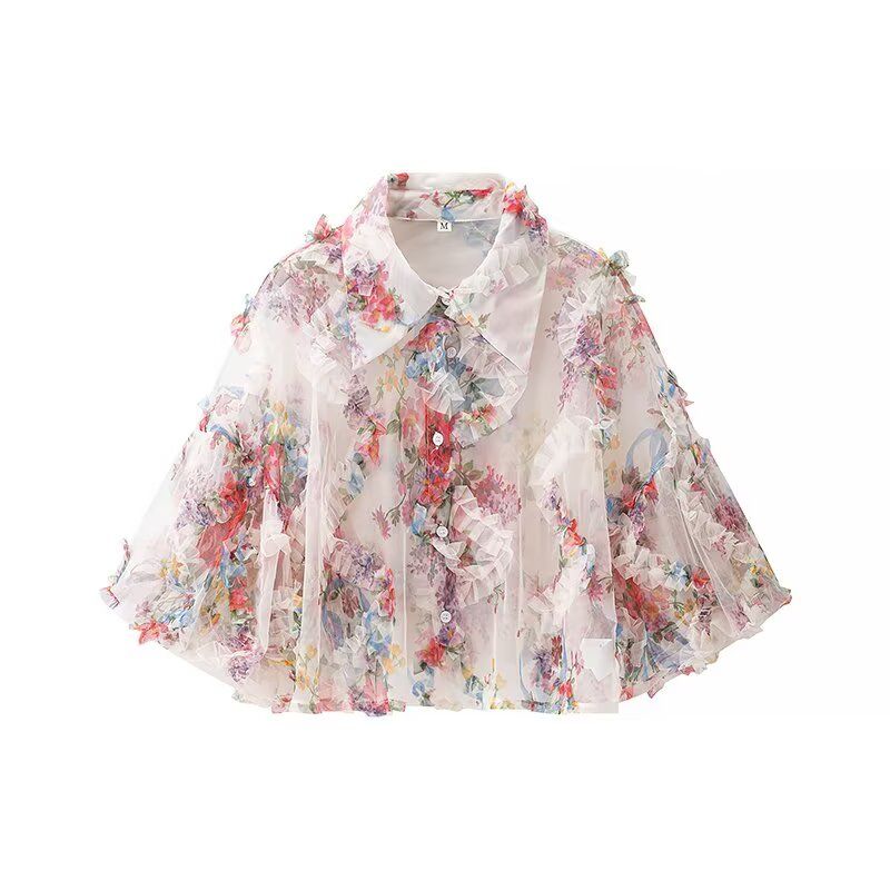 

Kaslead New Arrival Women s Clothing Fashion Style Fashion Minimalist French Style Floral Gauzy Puff Sleeve Shirt Flower color L