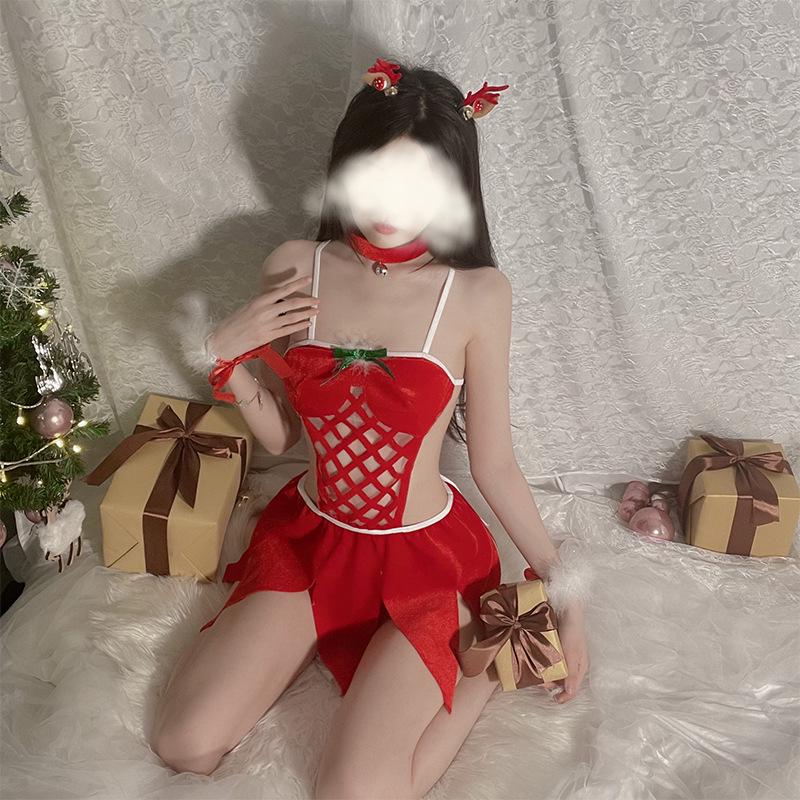 Red Hot Christmas Lingerie: Women's Erotic Hollow-Out Nightgown