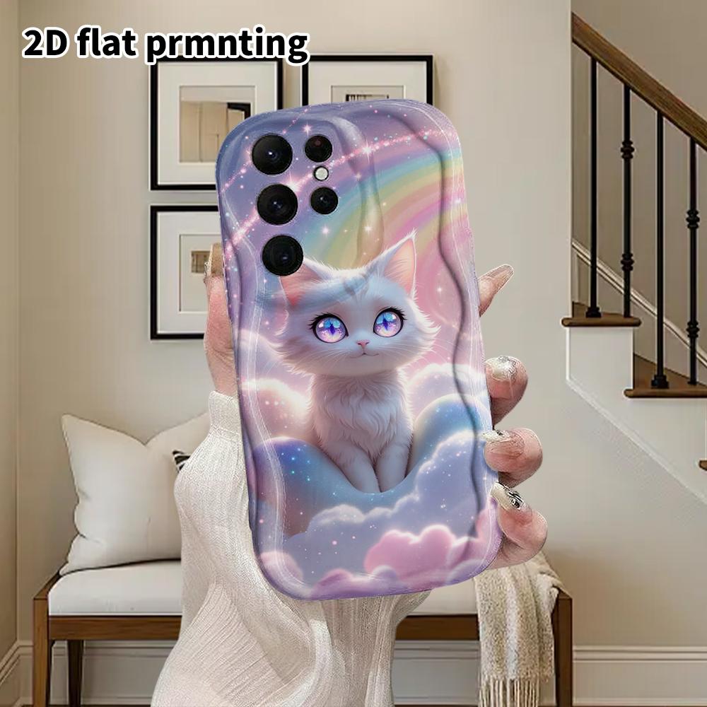 Phone Case: 2D Flat Samsung Galaxy A34 A35 M05 M06 S20 S22 S21 FE Plus 5G Protective Case, Couple Style, Rainbow Little White Cat, Christmas and Hallo