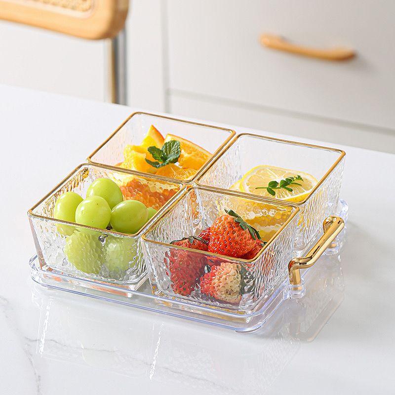 Light Luxury Glass Divided Serving Tray Four-Grid Tray with Hammered Gold Edge