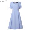 ZANZEA Women Casual Square Collar Short Sleeve Summer A-line Dress