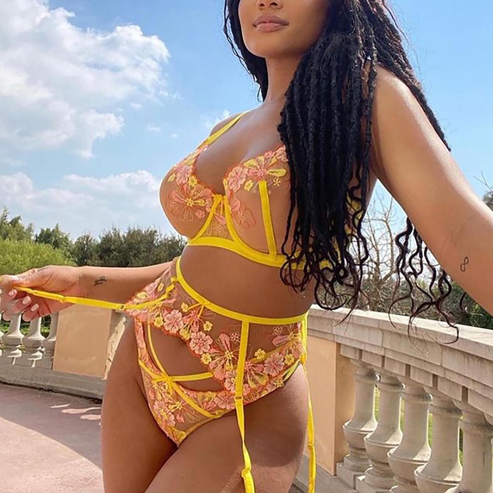 

Женское сексуальное кружевное Полое прозрачное нижнее белье с цветочной вышивкой, костюм-тройка XL жёлтый