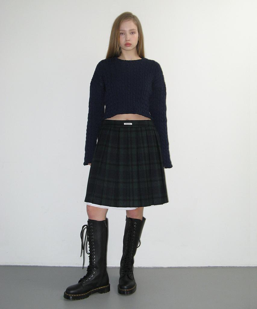 Crank Check Layered Wool Pleated Skirt_Navy