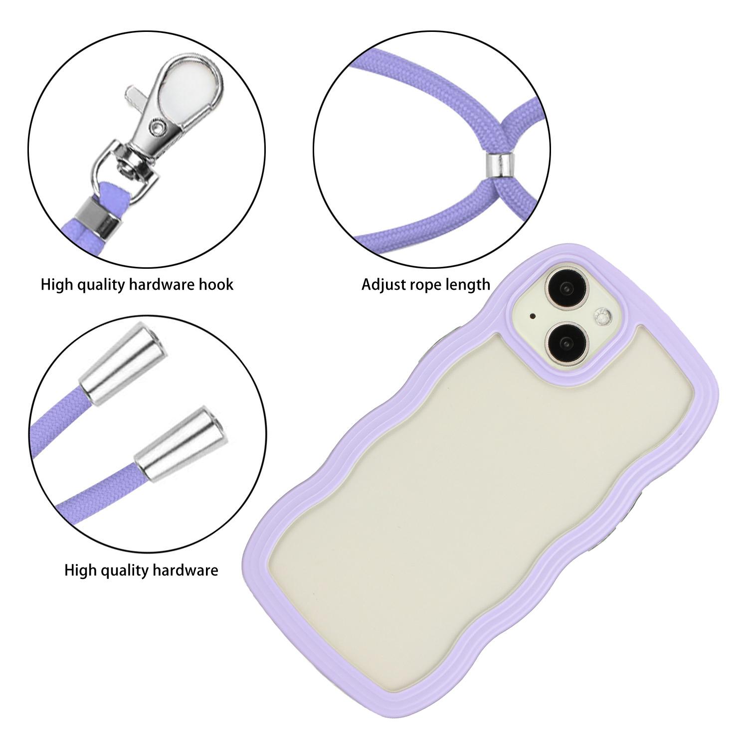 

For iPhone 15 Wave Frame Shape Phone Case PC+TPU Transparent Cover with Adjustable Lanyard Purple